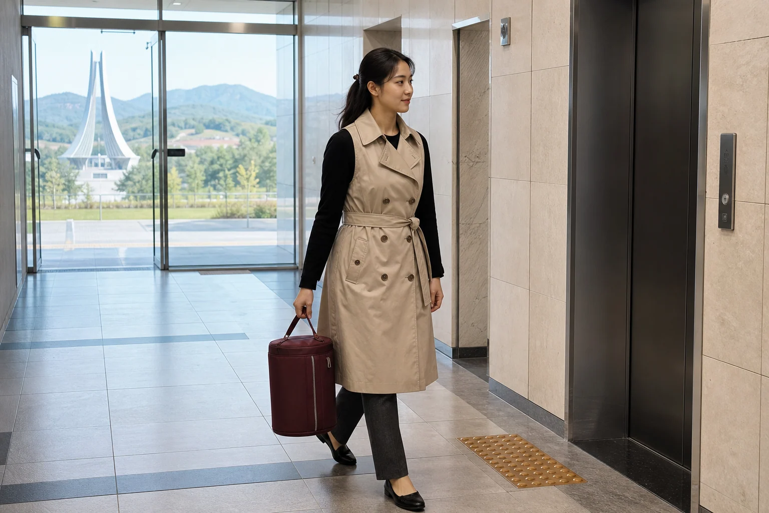 충남 지역 호텔·아파트 로비에서 중형 관리 가방을 들고 방문 장소로 이동하는 전문 케어사