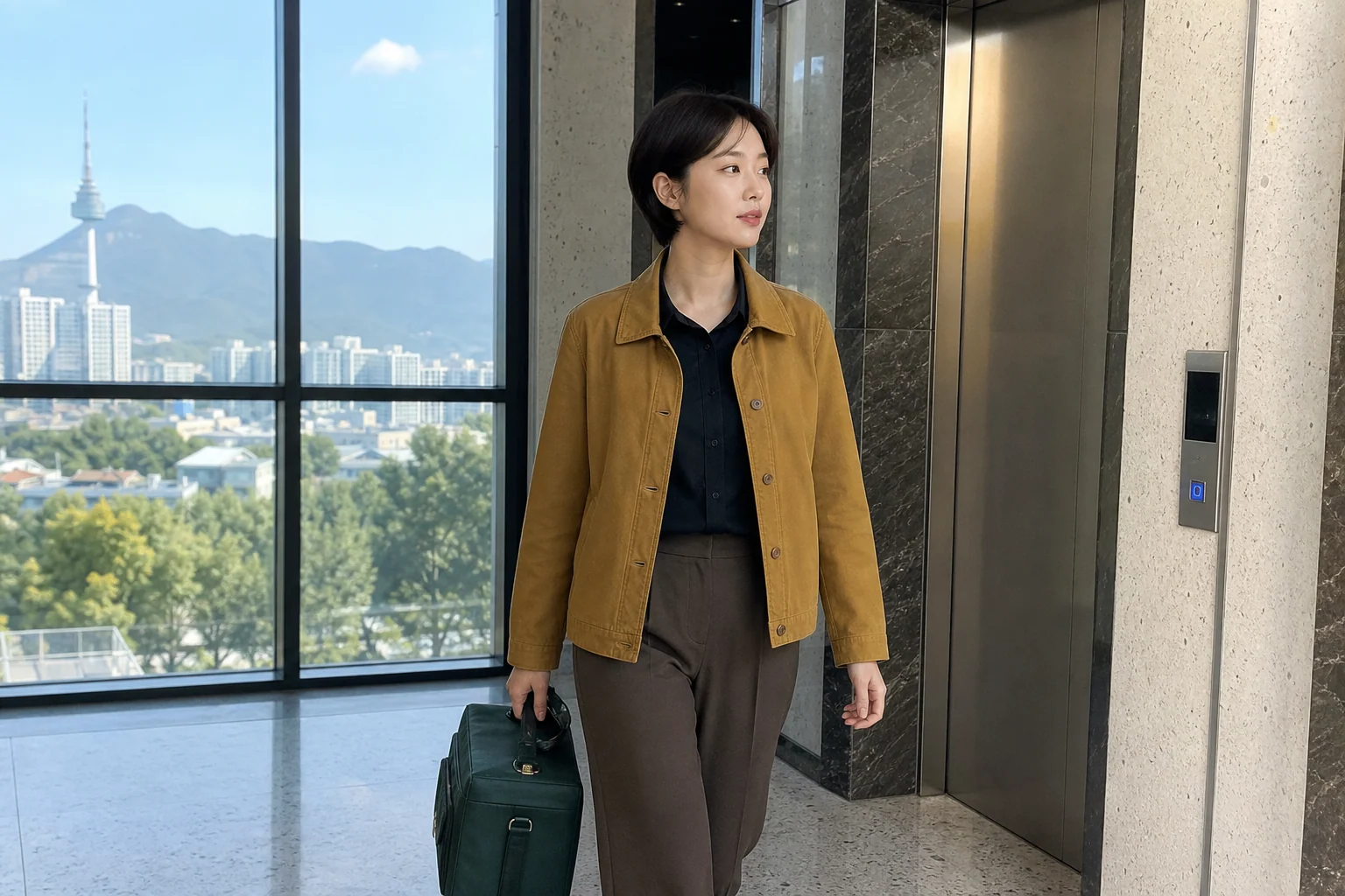 대구 지역 호텔·아파트 로비에서 중형 관리 가방을 들고 방문 장소로 이동하는 전문 케어사
