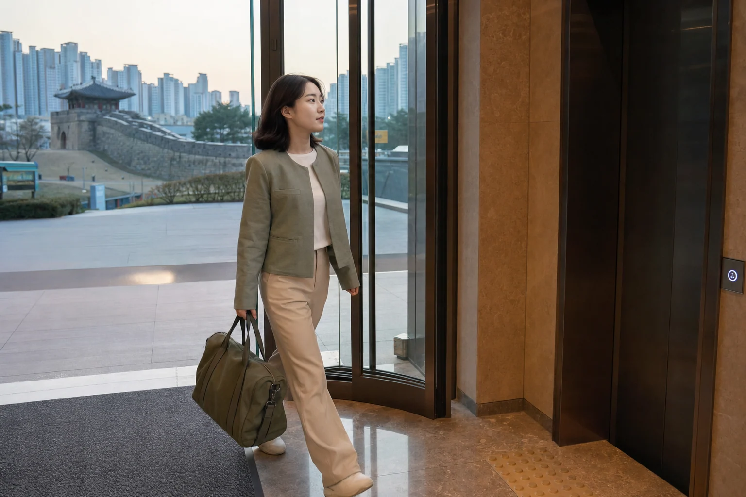 경기 지역 호텔·아파트 로비에서 중형 관리 가방을 들고 방문 장소로 이동하는 전문 케어사
