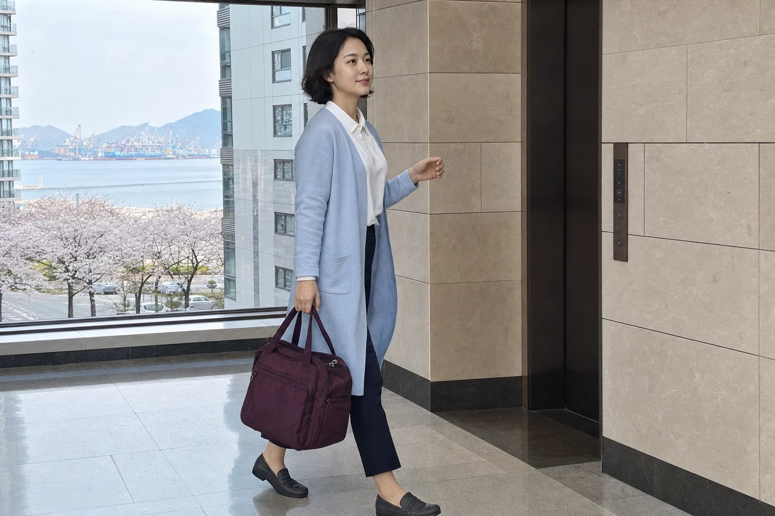 경남 지역 호텔·아파트 로비에서 중형 관리 가방을 들고 방문 장소로 이동하는 전문 케어사